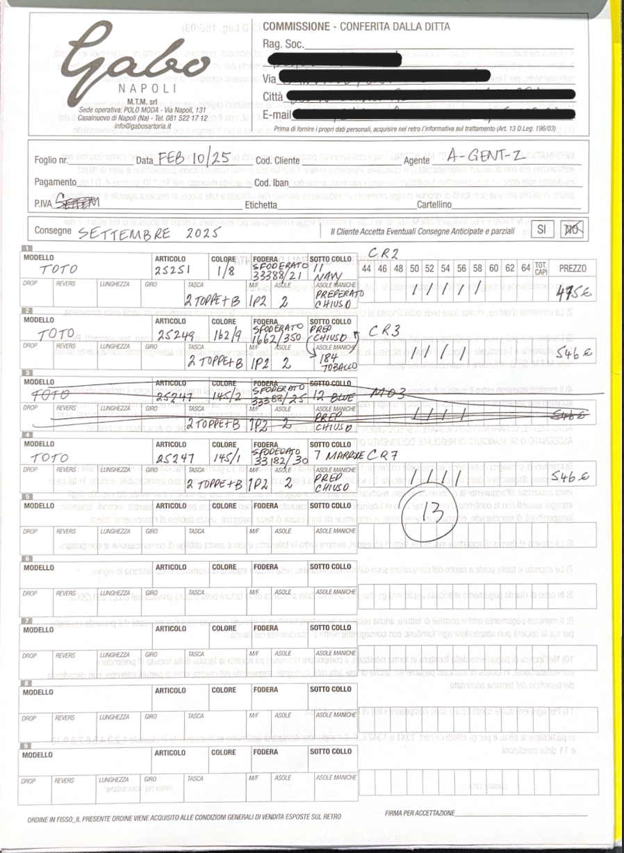 Handwritten supplier order from Gabo Napoli with fabric, sizes, and stock-type notations.