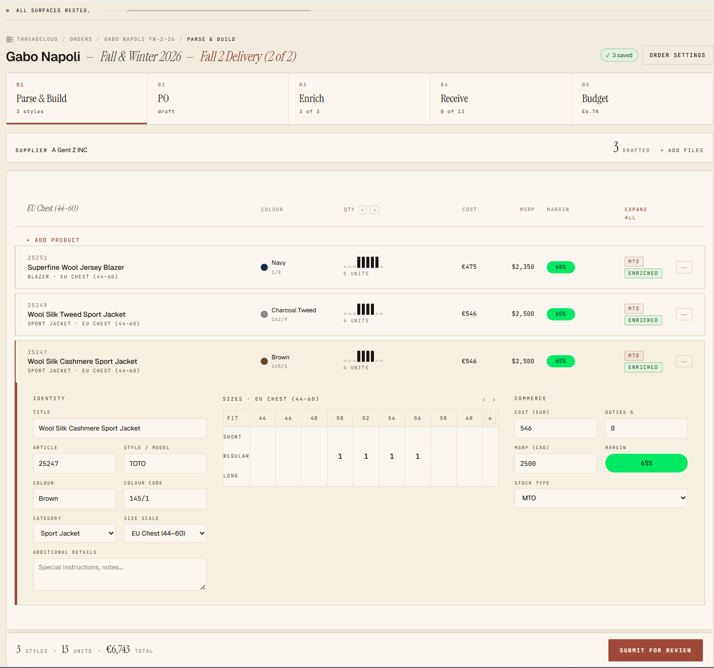 ThreadCloud parse view for the Gabo Napoli order with size grids, costs, and fabric details.