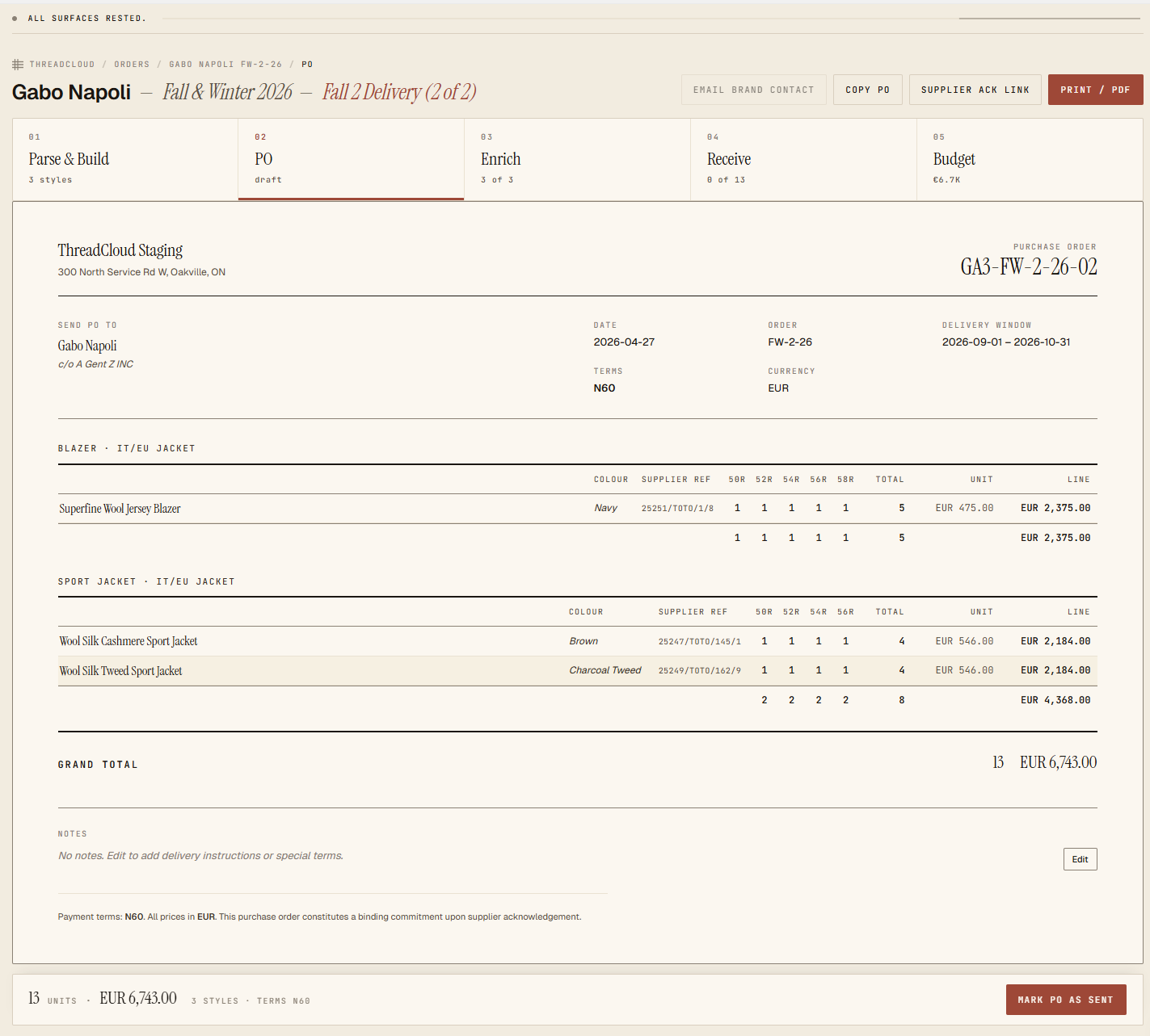 Generated supplier purchase order for Gabo Napoli with grouped styles, size runs, and totals.