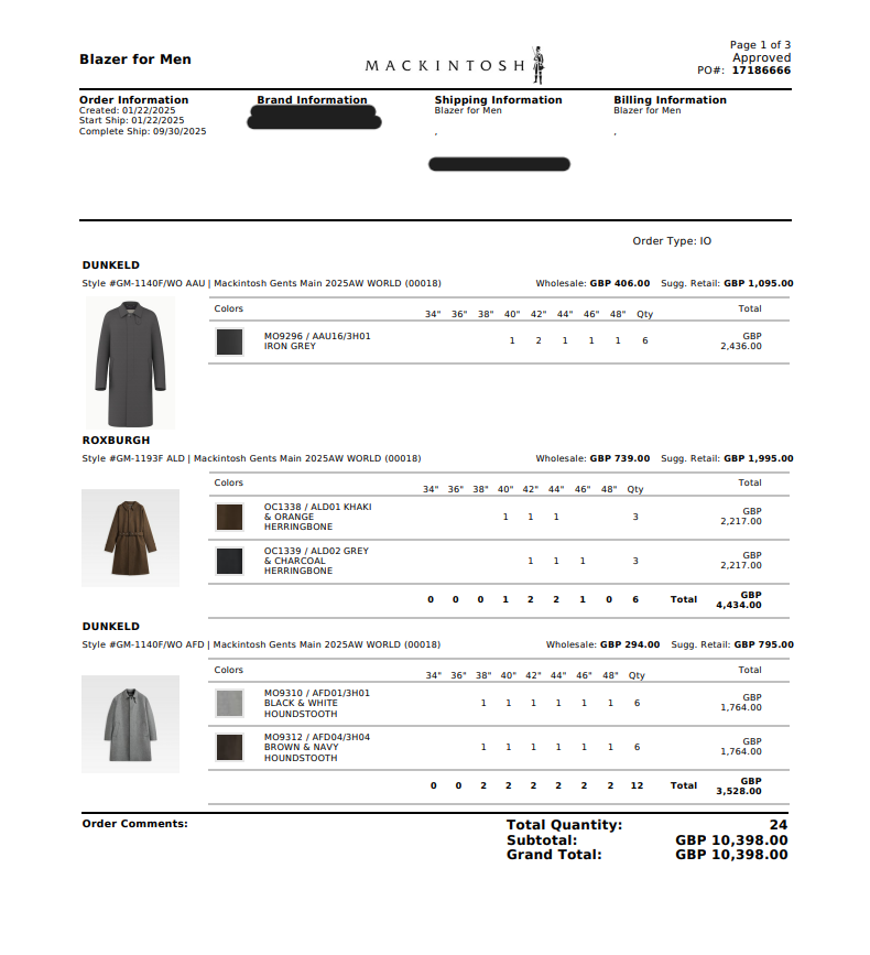 Supplier PDF order from Mackintosh with line items, sizes, prices, and totals.