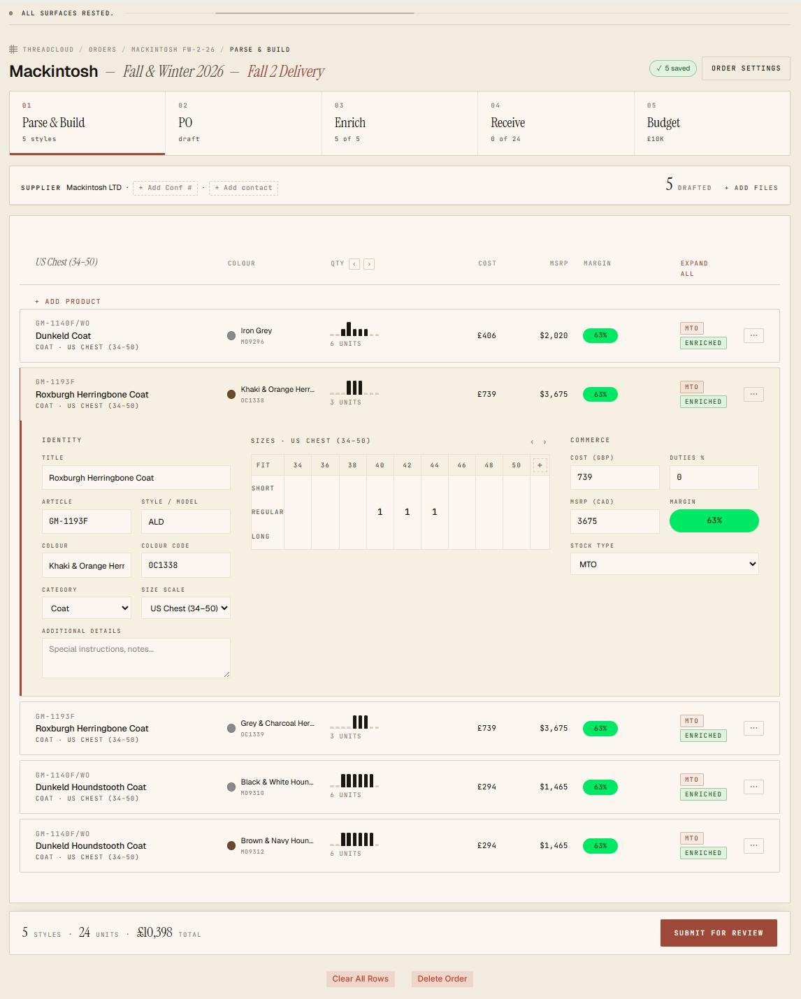 ThreadCloud parse view for the Mackintosh order with multiple styles, colours, and size grids.