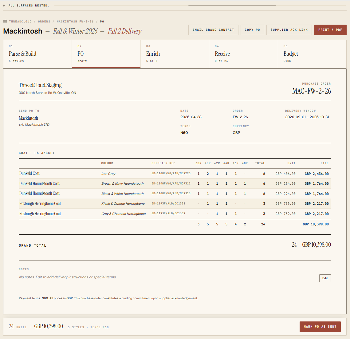 Generated supplier purchase order for Mackintosh with grouped styles, size runs, and totals.